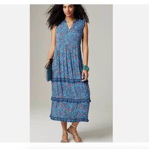 NWT J. Jill Coastal Ruffles Sleeveless Midi Dress Blue Paisley Floral